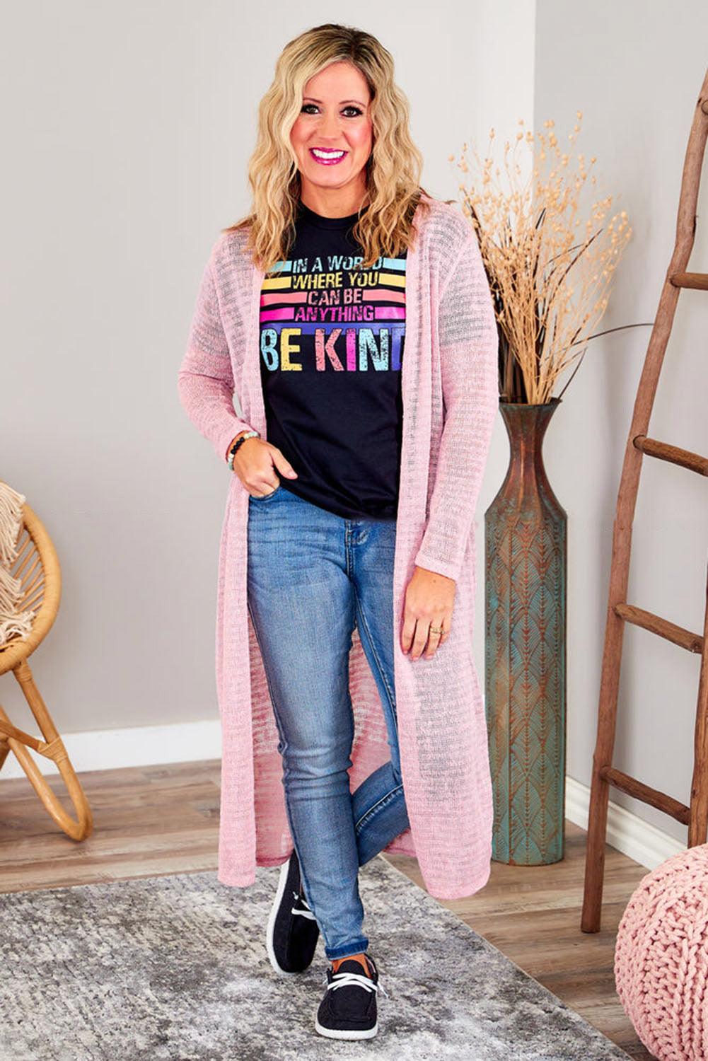 Pink Sheer Knitted Long Side Slit Plus Size Cardigan - L & M Kee, LLC