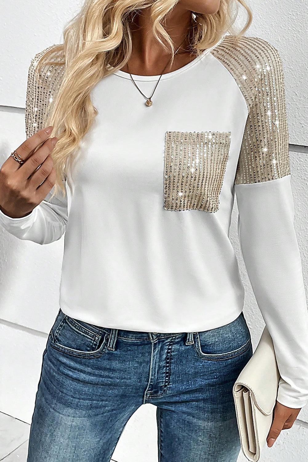 White Sequin Patch Chest Pocket Raglan Sleeve Top - L & M Kee, LLC