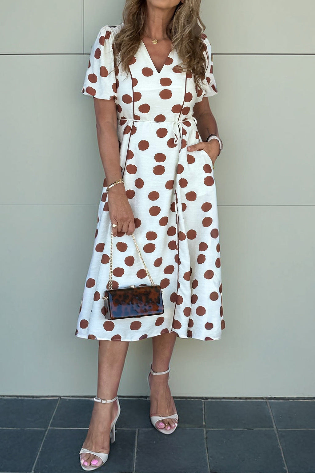 White Polka Dot Printed V Neck Short Sleeve Tie Waist Midi Dress