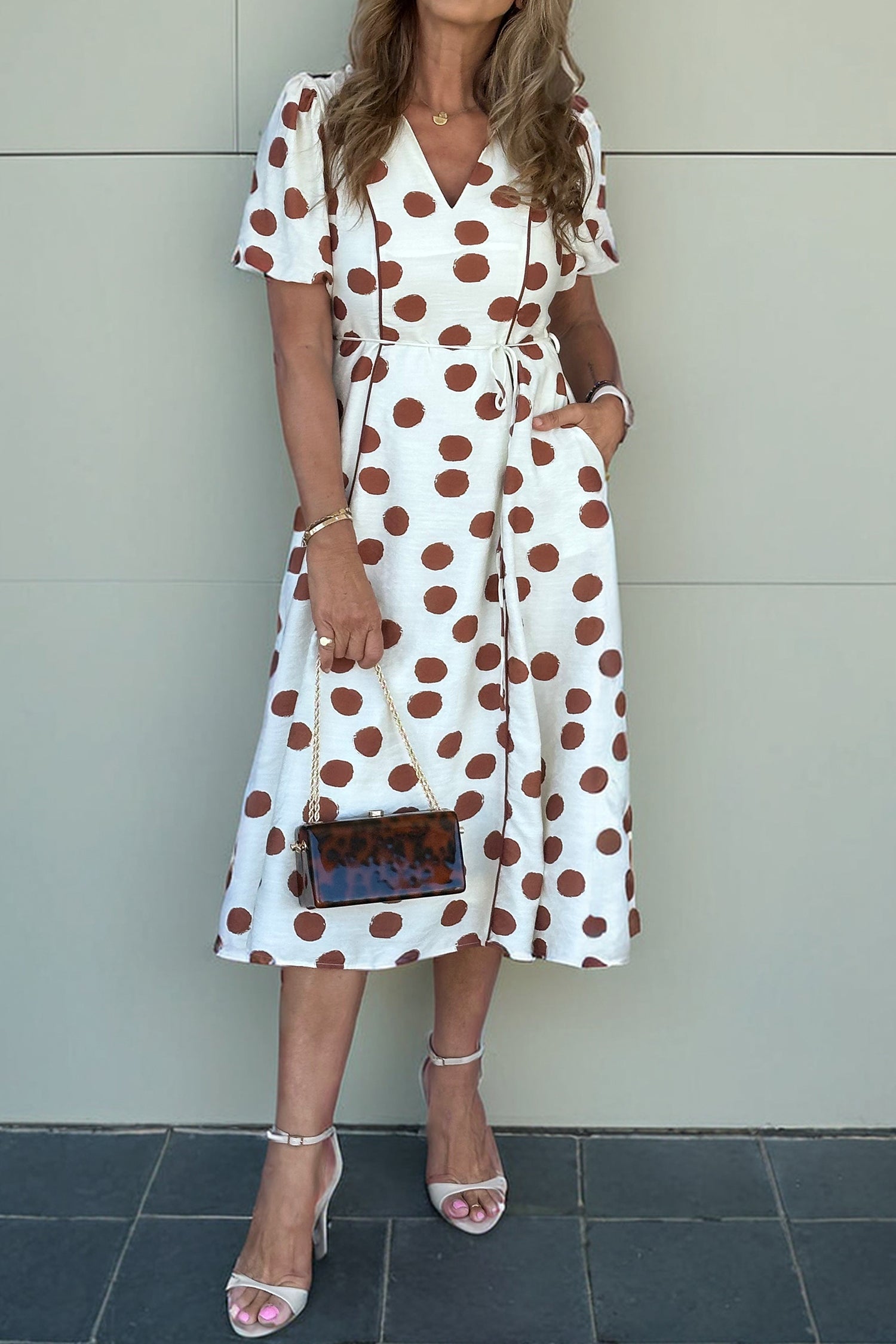 White Polka Dot Printed V Neck Short Sleeve Tie Waist Midi Dress