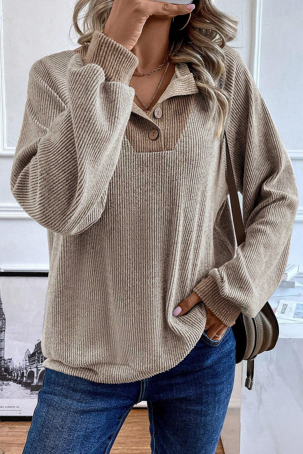 Light Grey Color Contrast Ribbed Loose Fit Long Sleeve Top