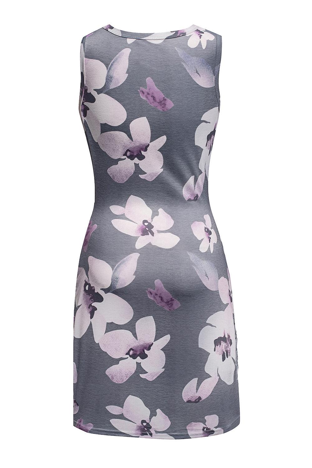 Gray Floral Print Hollow Out Wrap Tie Mini Dress - L & M Kee, LLC