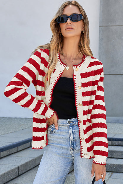 Apricot Stripe Chic Golden Button Cardigan Sweater