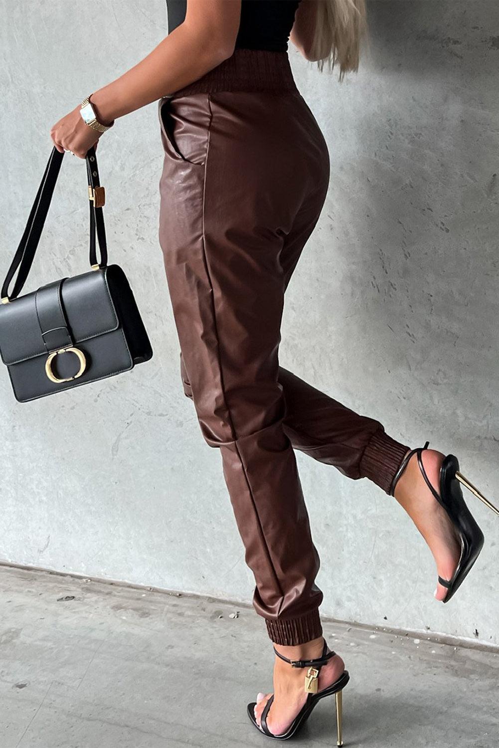 Brown Smocked High-Waist Leather Skinny Pants - L & M Kee, LLC