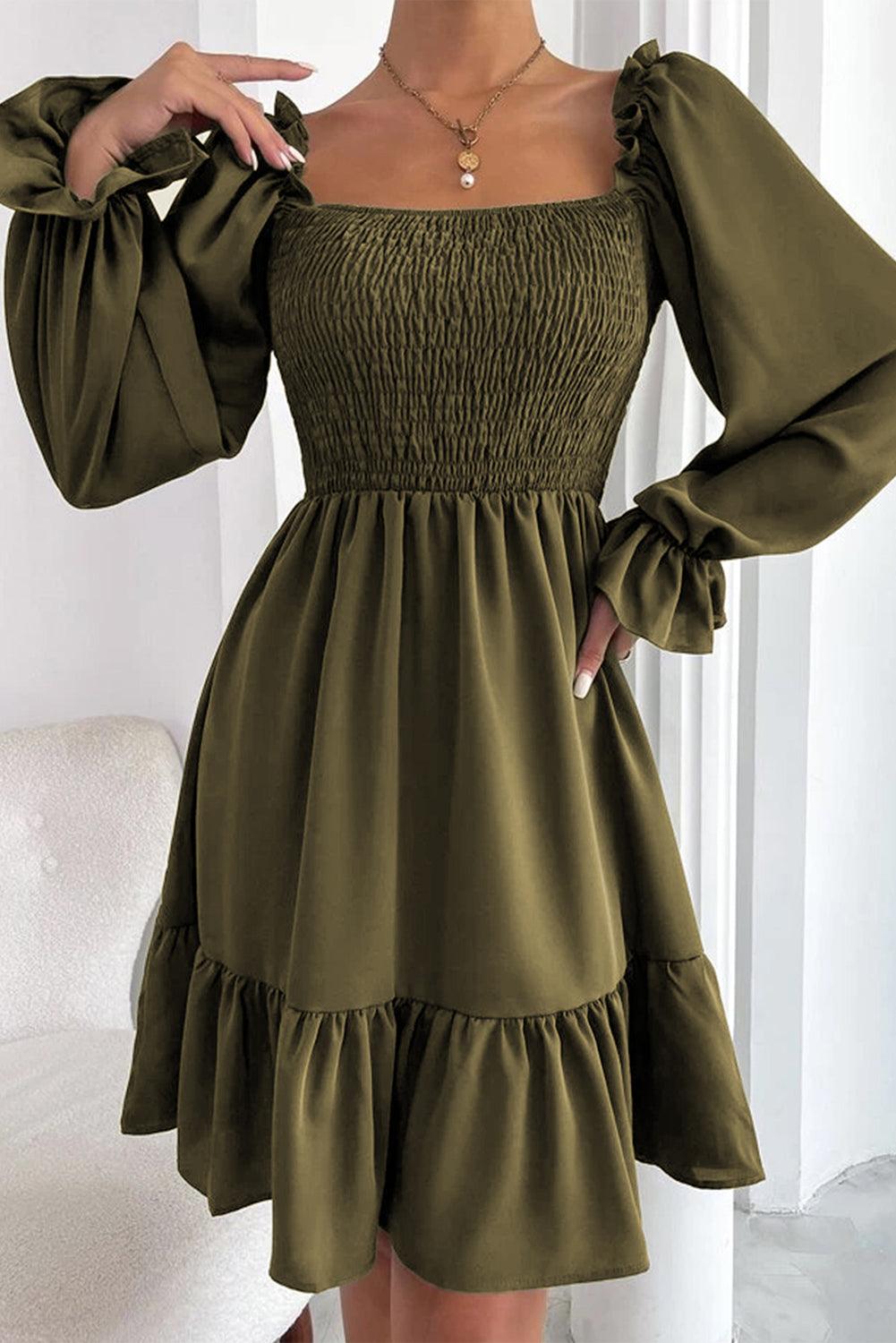 Pickle Green Smocked Puff Sleeve Ruffle Mini Dress - L & M Kee, LLC