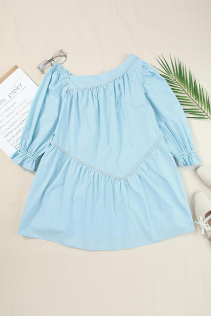 Sky Blue Exquisite Trim Puff Sleeve Asymmetric Swing Mini Dress - L & M Kee, LLC