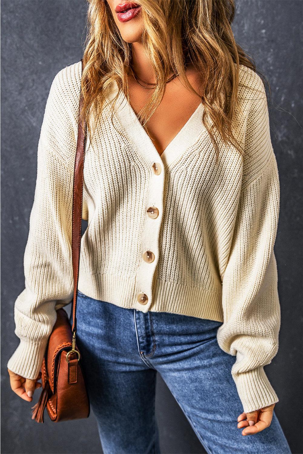 Beige Plain Knitted Buttoned V Neck Cardigan - L & M Kee, LLC