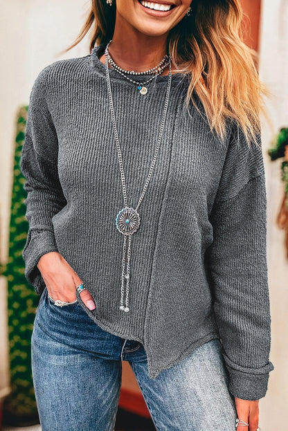 Medium Grey Raw Edge Uneven Hem Patchwork Drop Shoulder Sweater