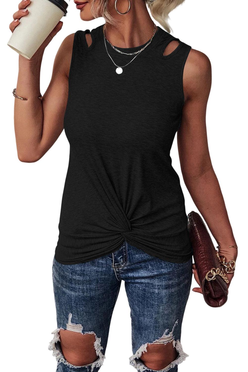 Rib Knit Cut-out Front Twist Tank Top - L & M Kee, LLC