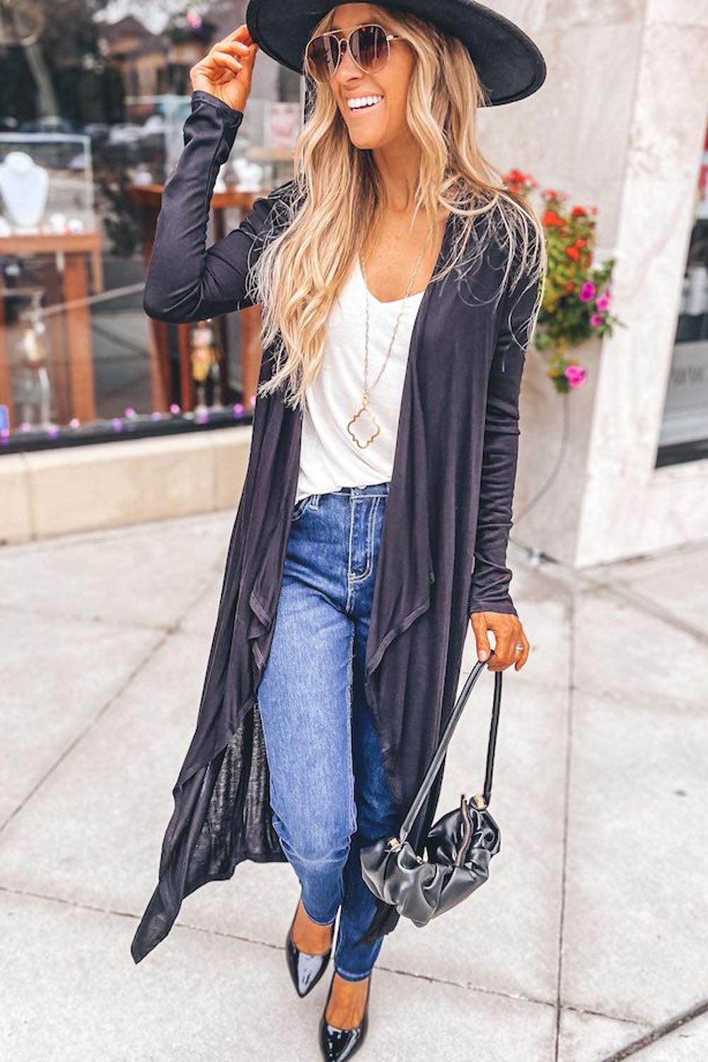 Black Draped Open Front Long Cardigan - L & M Kee, LLC