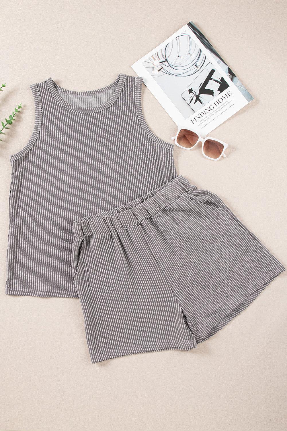 Medium Grey Corded Sleeveless Top and Pocketed Shorts Set - L & M Kee, LLC