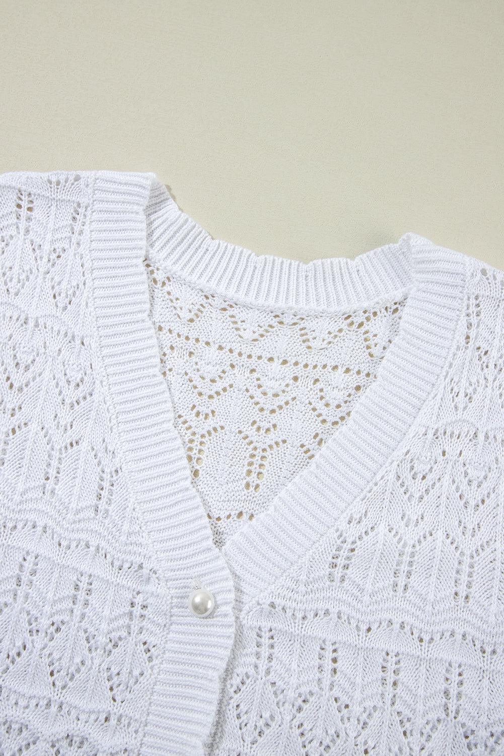White Frenchy Hollow Out Knitted V Neck Cardigan - L & M Kee, LLC