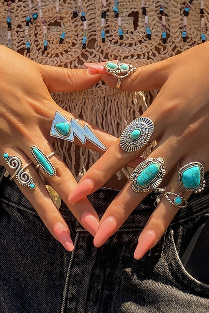 Silvery 8pcs Turquoise Inlay Western Ring Set