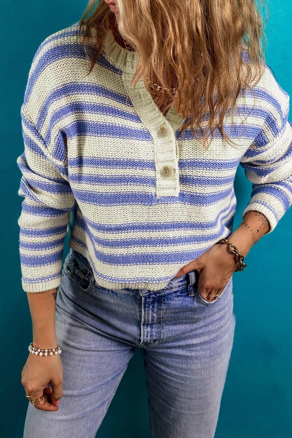 Stripe Printed Knit Henley Sweater - L & M Kee, LLC