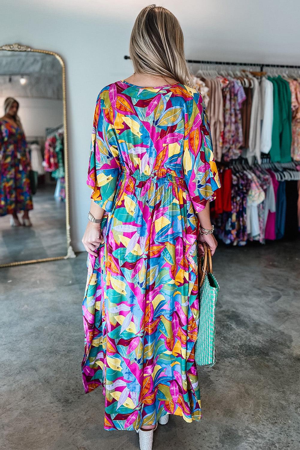 Multicolour Abstract Print High Waist V Neck Maxi Dress - L & M Kee, LLC