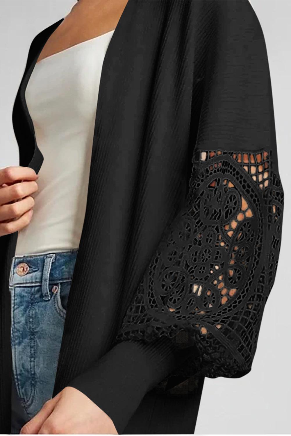 Black Crochet Lace Sleeve Ribbed Knit Cardigan - L & M Kee, LLC