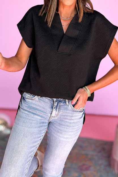 Black Textured V Neck Collared Short Sleeve Top - L & M Kee, LLC