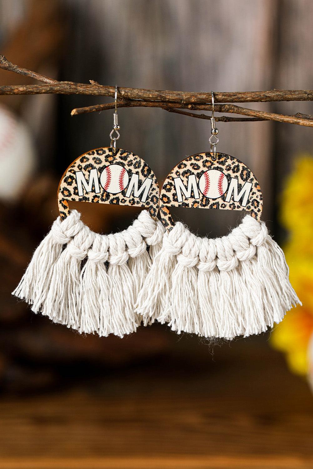 White Leopard Rugby MOM Print Fringed Hook Earrings - L & M Kee, LLC