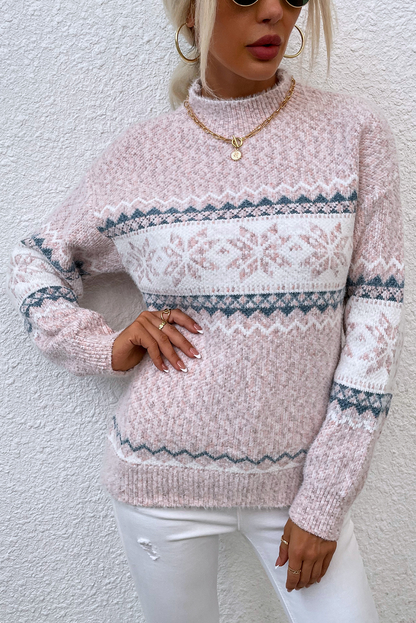 Light Pink Retro Snowflake Pattern Mock Neck Fuzzy Sweater