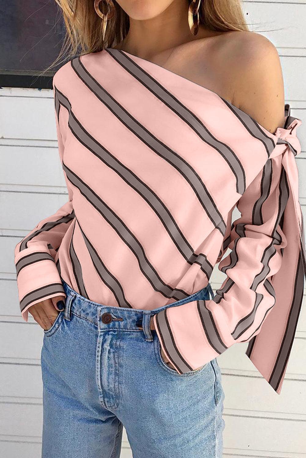 Pink Striped Asymmetric Tied Shoulder Blouse - L & M Kee, LLC