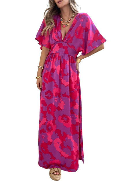 Abstract Floral Print V Neck Dolman Maxi Dress - L & M Kee, LLC