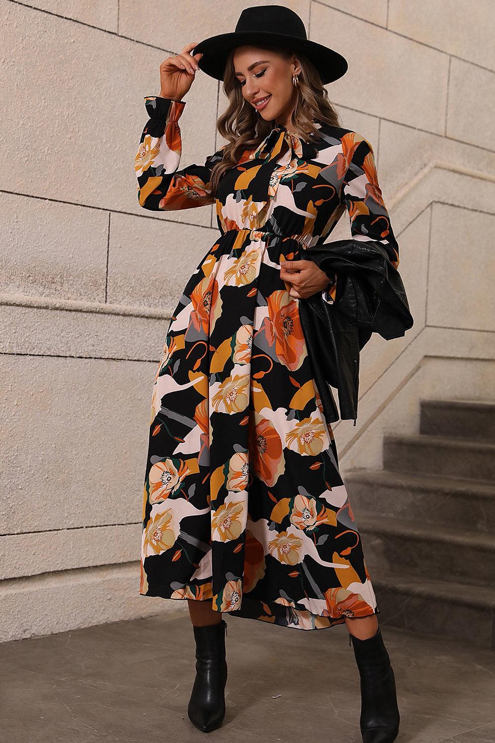 Orange Floral Print Tie Neck Long Sleeve Dress - L & M Kee, LLC