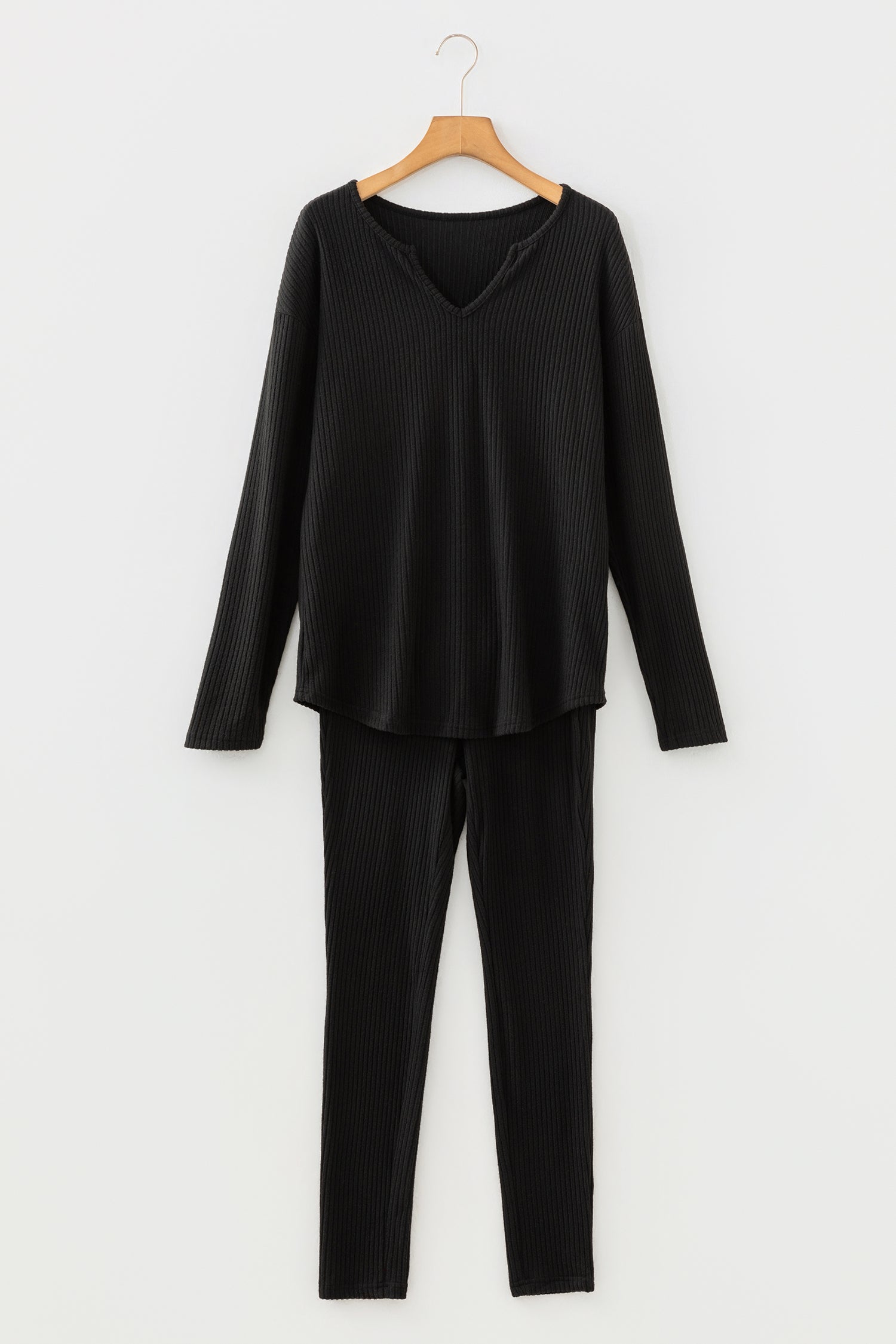 Black Ribbed Notched Neck Knit Long Sleeve Leggings Two Pieces Lounge Set