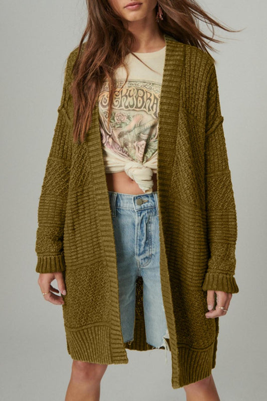 Green Exposed Seam Mixed Knit Drop Shoulder Cardigan - L & M Kee, LLC