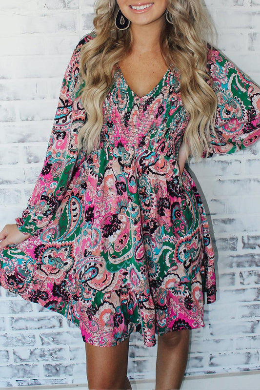 Boho Paisley Print Ruffle Hem Dress - L & M Kee, LLC