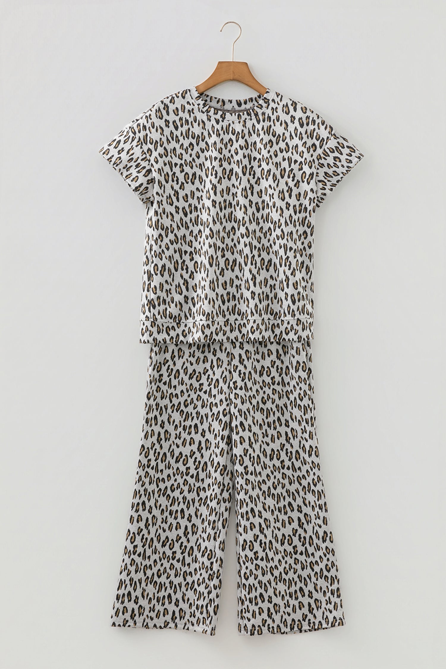 Beige Leopard Print Casual Tee and Pants 2pcs Outfit