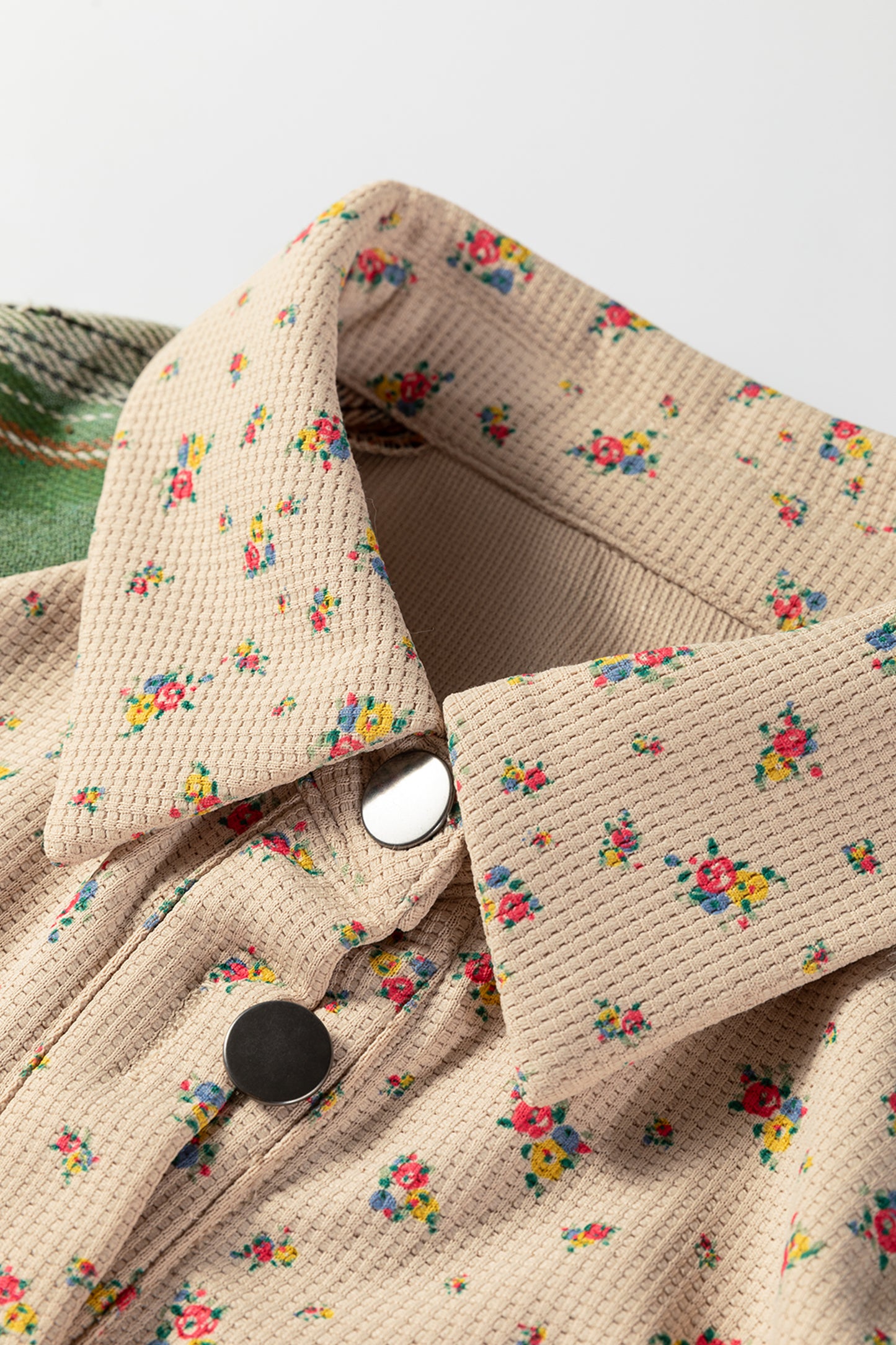 Mist Green Boho Floral Plaid Patchwork Distressed Detail Ruffled Sleeve Waffle Knit Shacket