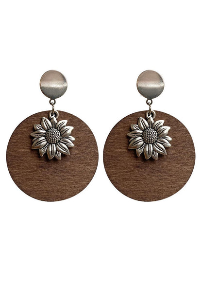 Silvery Retro Sunflower Round Wood Stud Earrings - L & M Kee, LLC