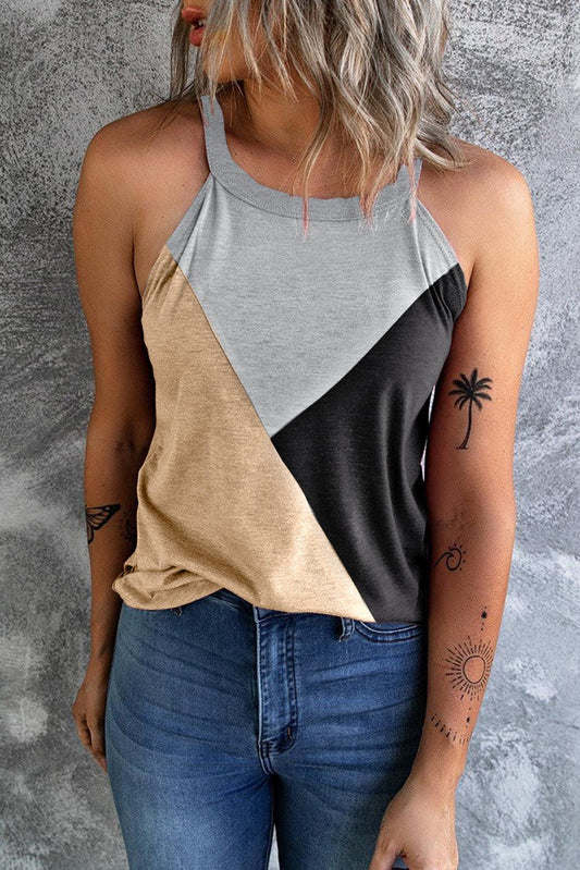 Light French Beige Geometric Color Block Sleeveless Top - L & M Kee, LLC