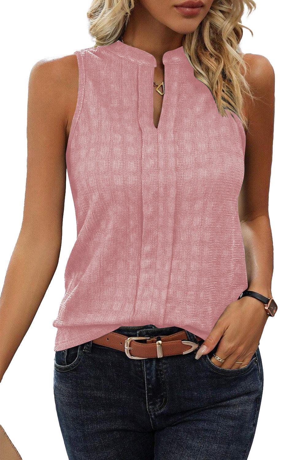 Pink Lattice Textured Split Neck Tank Top - L & M Kee, LLC