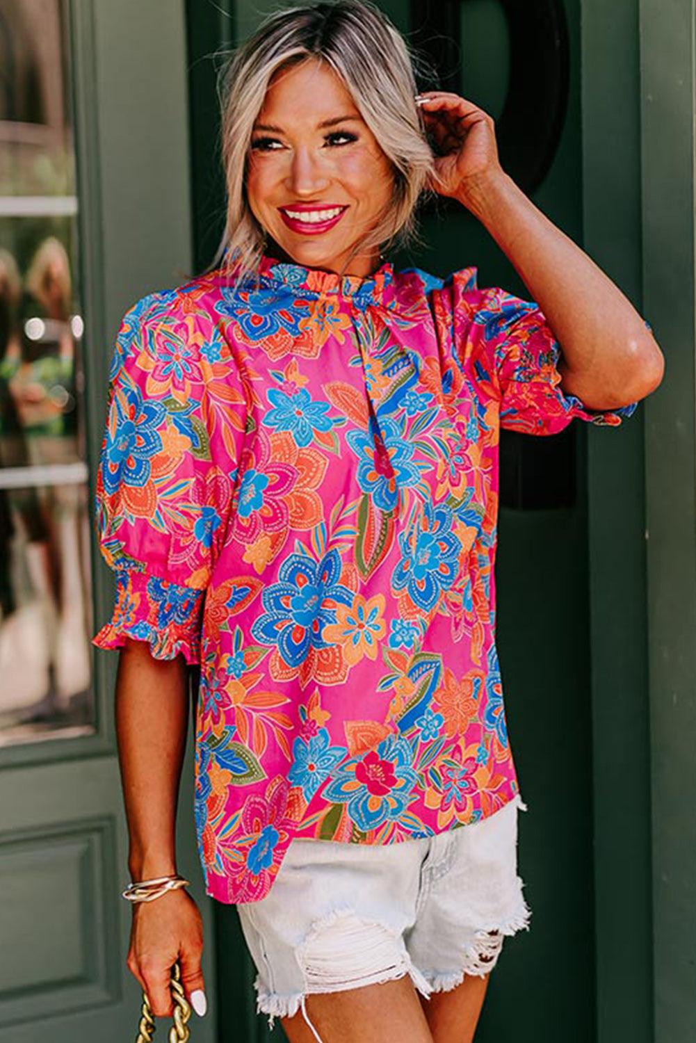 Rose Frilly Mock Neck Short Puff Sleeve Floral Blouse - L & M Kee, LLC