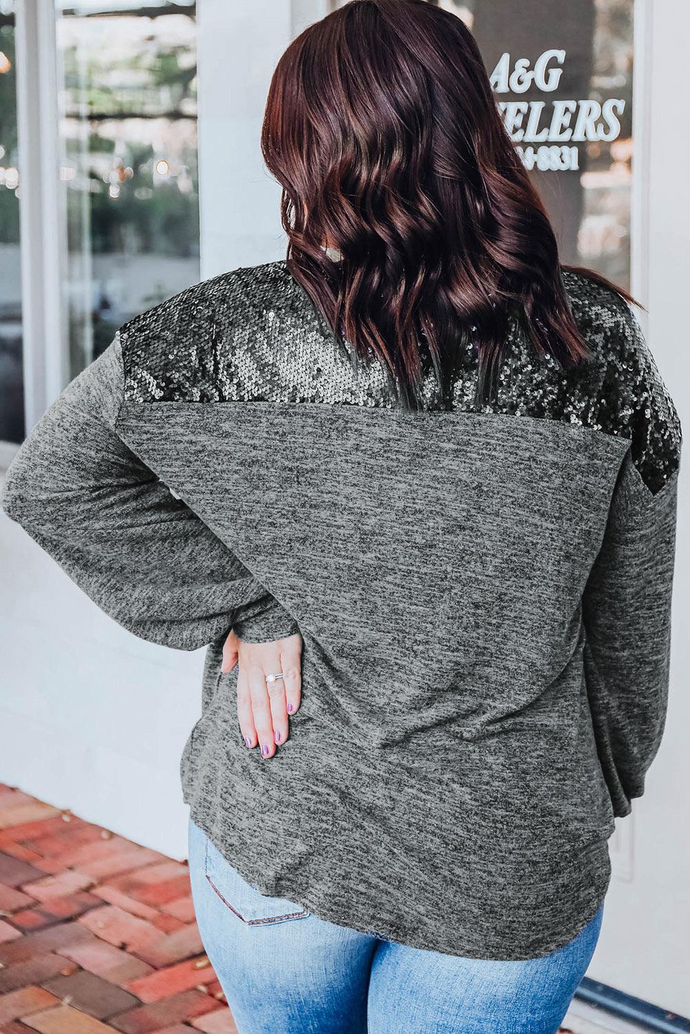 Gray Sequin Patchwork Long Sleeve Plus Size Top - L & M Kee, LLC