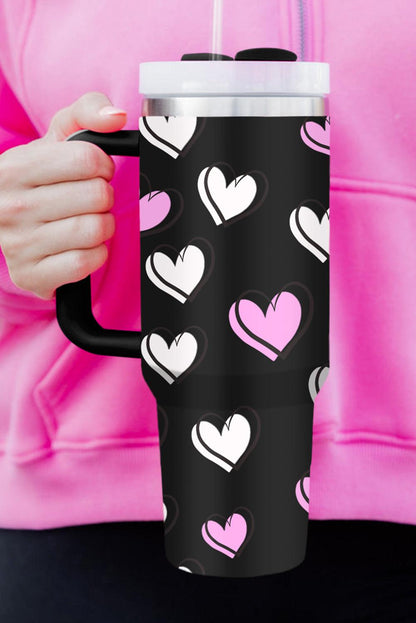 Black Valentines Heart Printed Thermos Cup with Handle - L & M Kee, LLC