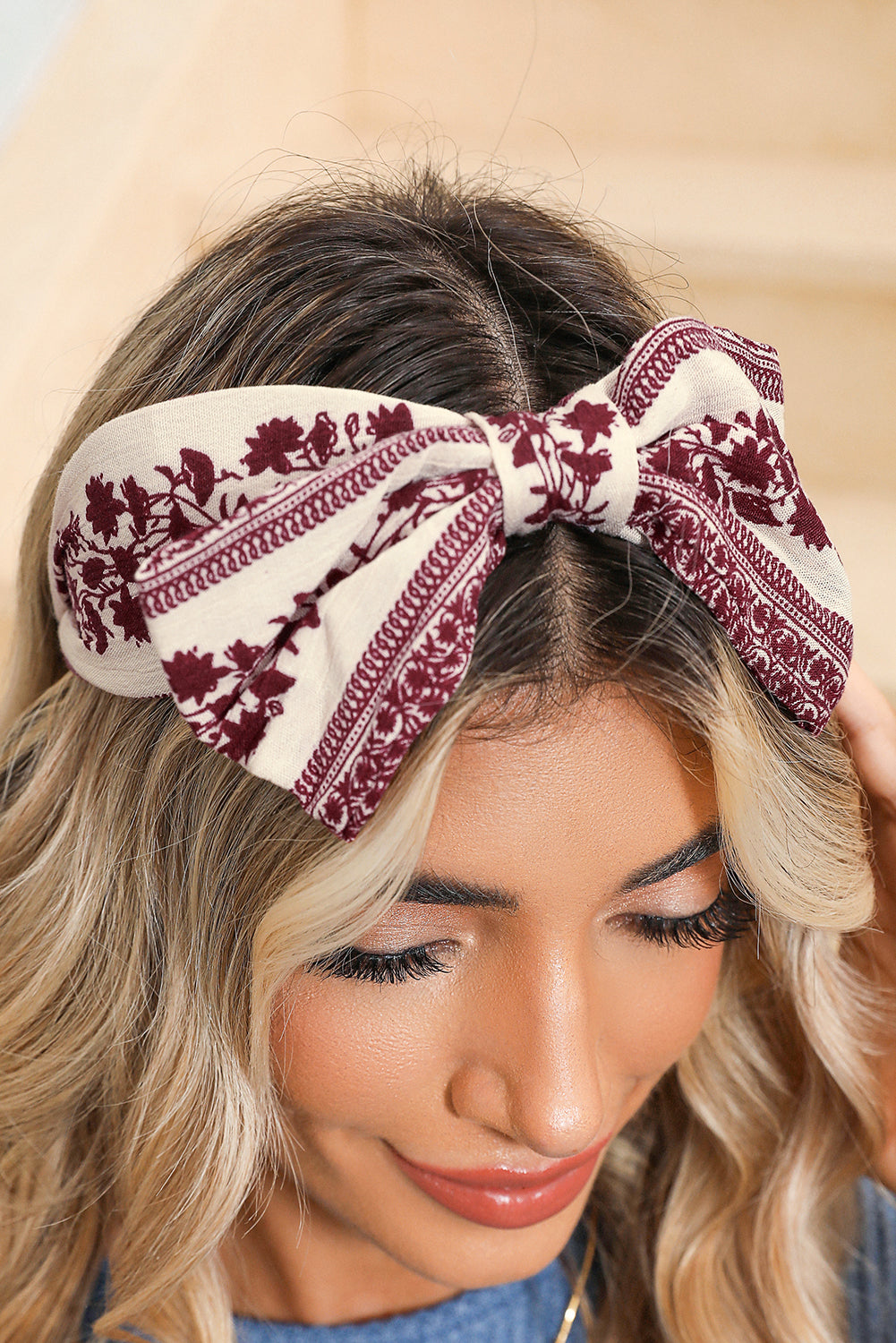 Coral Retro Floral Vine Printed Bow Knot Headband