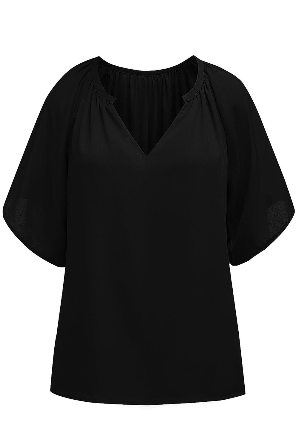 Black Split Neck Pleated Loose Top - L & M Kee, LLC