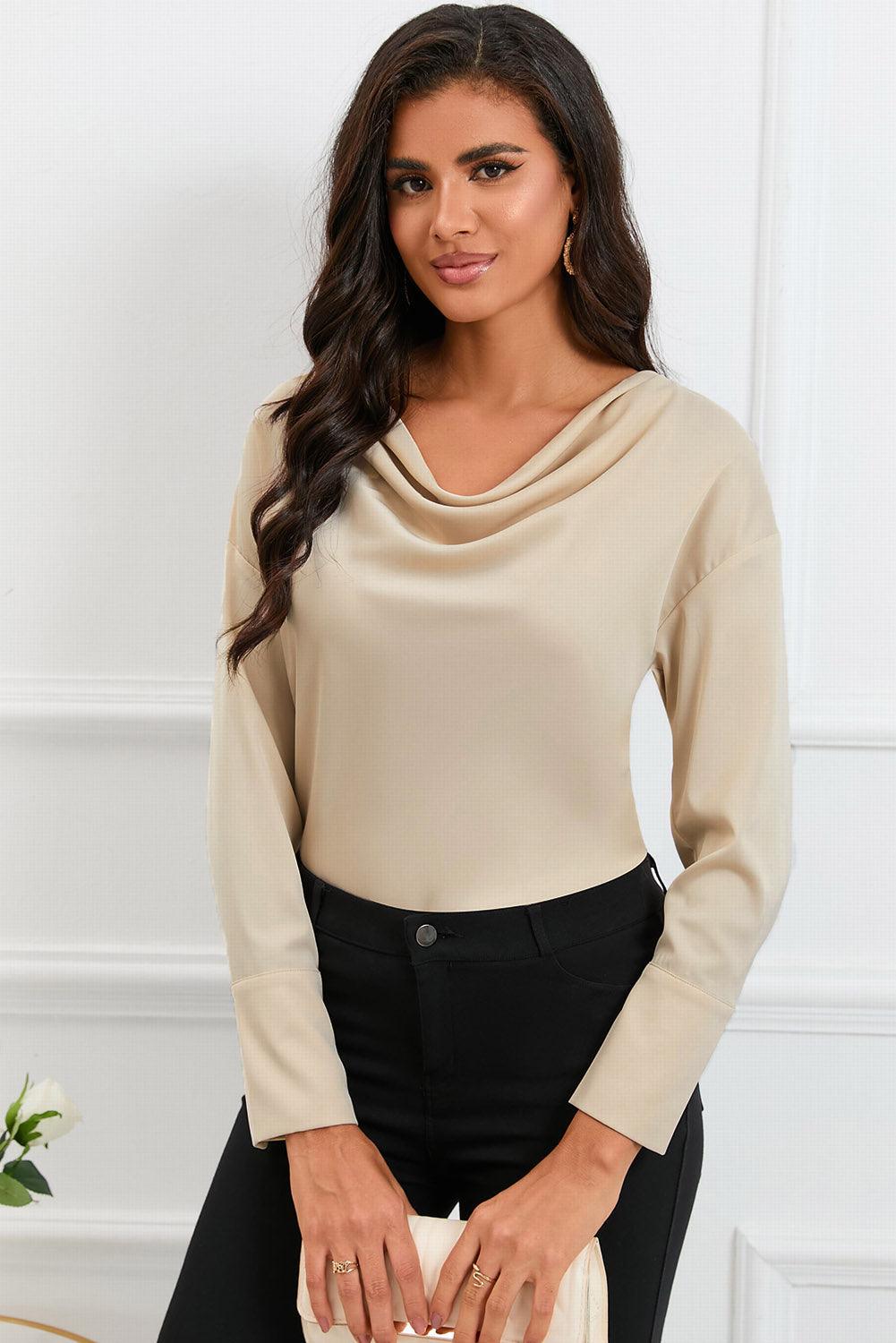 Cowl Neck Long Sleeve Elegant Blouse - L & M Kee, LLC