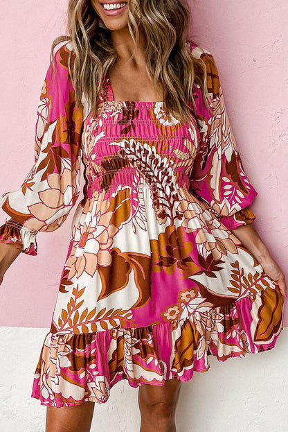 Floral Print Smocked Square Neck Bubble Sleeve Dress - L & M Kee, LLC