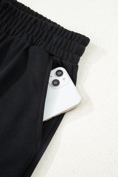 Black Color Block Patchwork Half Button Pullover and Shorts 2pcs Outfit