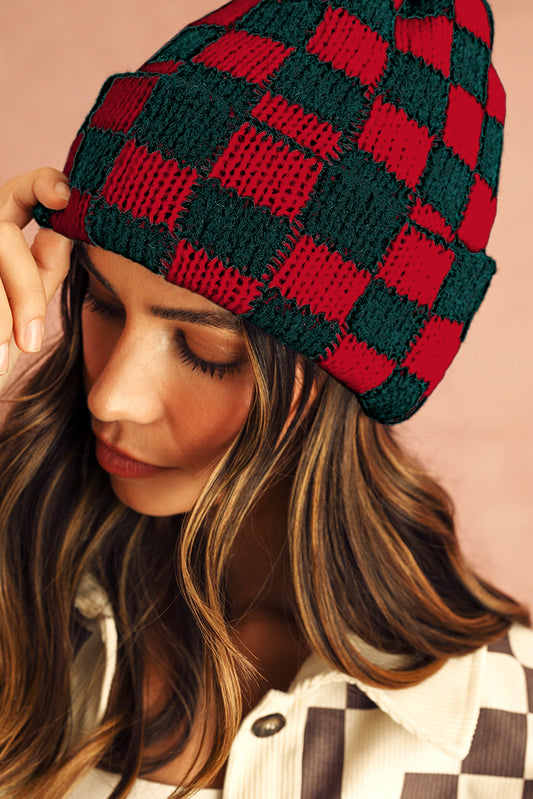 Racing Red Two Tone Checkered Folded Eaveless Beanie Cap