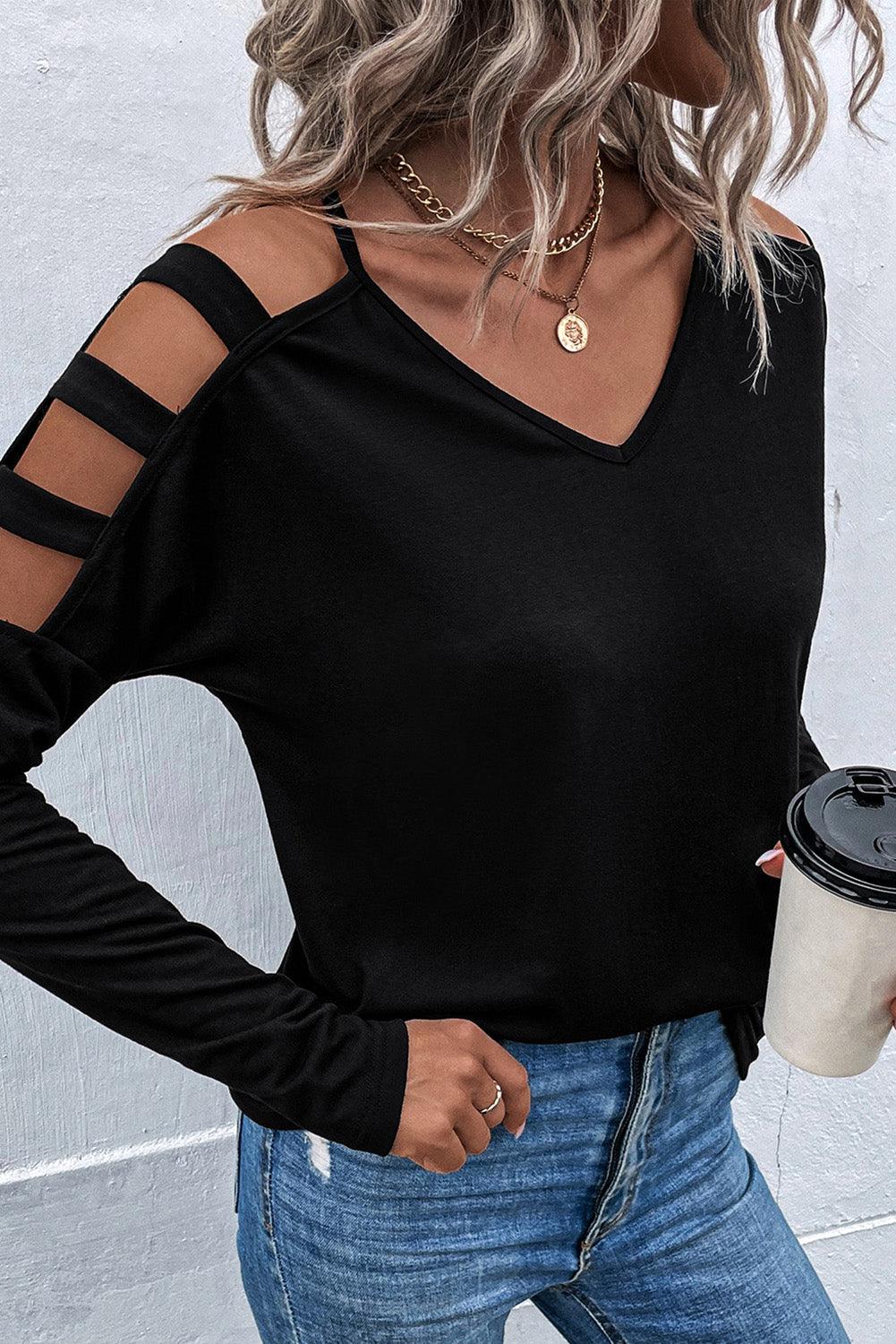 Black Cold Shoulder Cut out Long Sleeve Top - L & M Kee, LLC