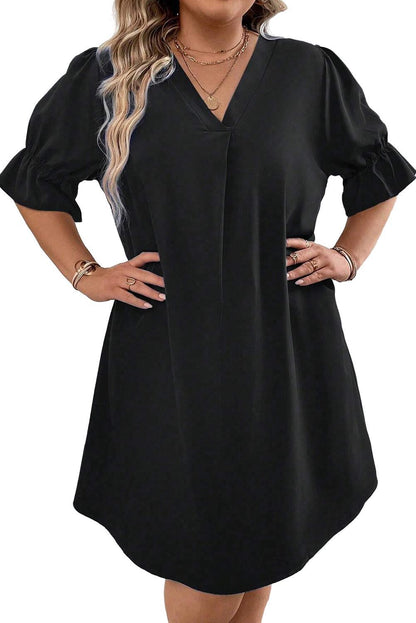 Black Solid Ruffled Puff Sleeve V Neck Plus Size Mini Dress - L & M Kee, LLC