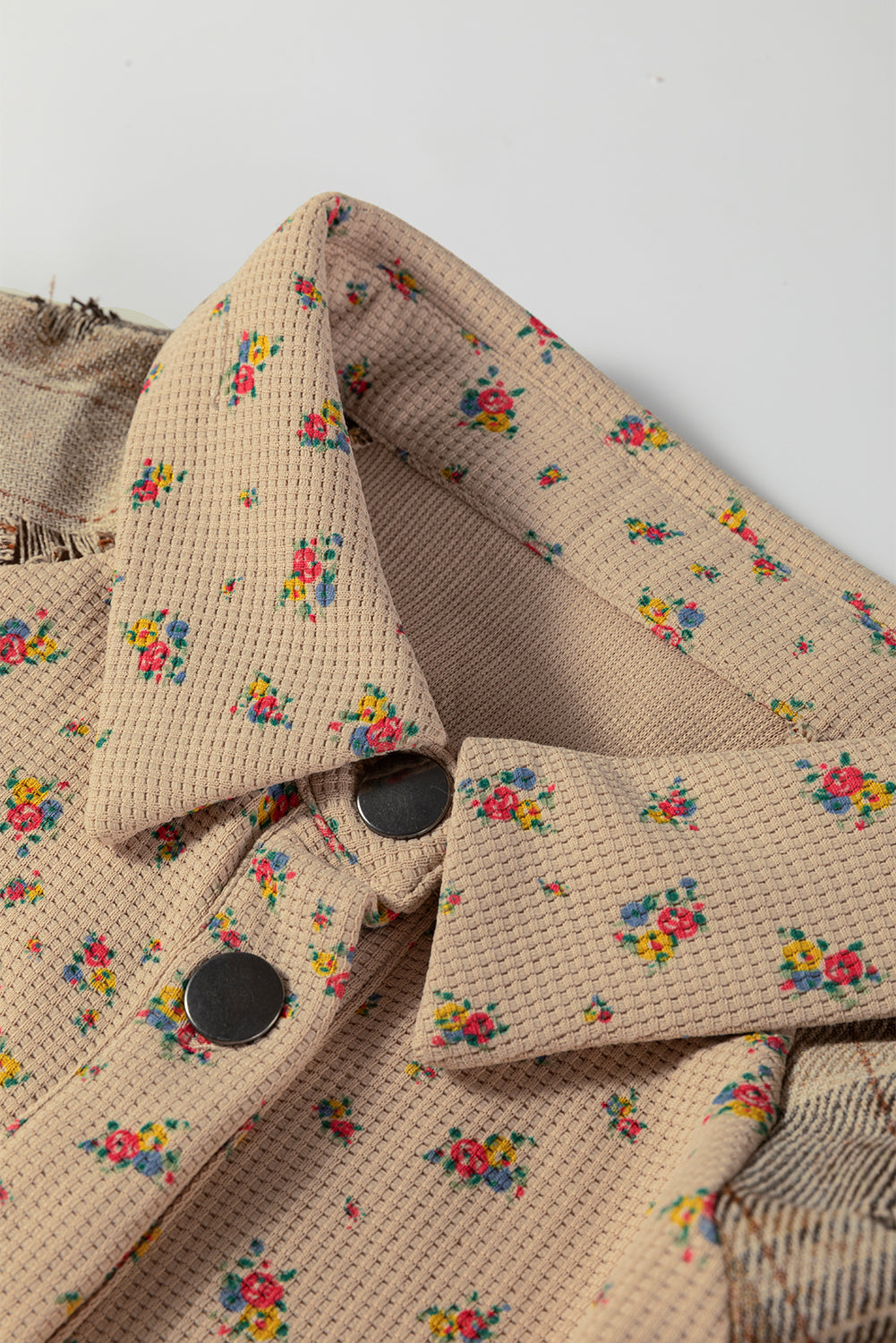 Oatmeal Boho Floral Plaid Patchwork Distressed Detail Ruffled Sleeve Waffle Knit Shacket