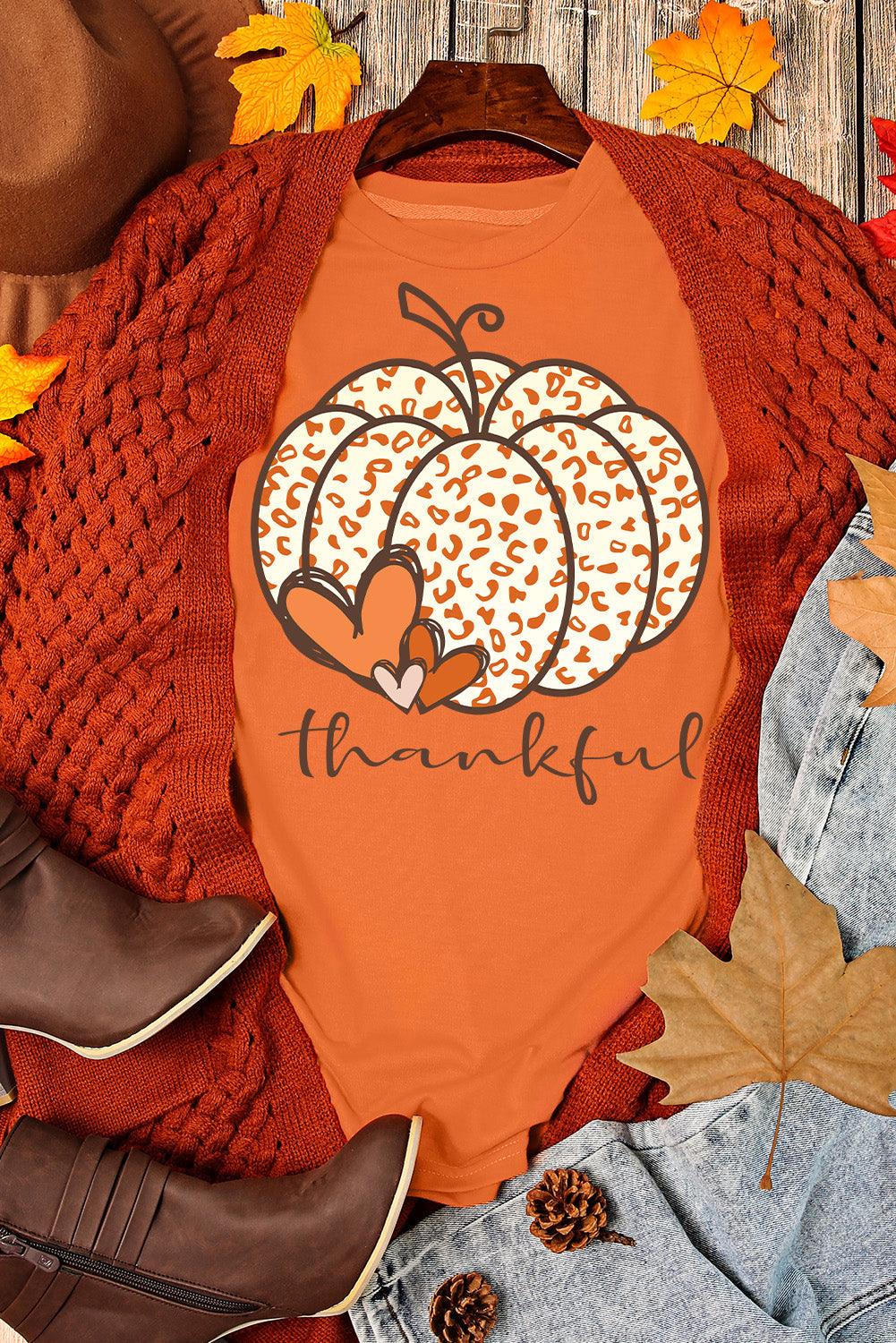 Orange Leopard Pumpkin thankful Graphic Tee - L & M Kee, LLC