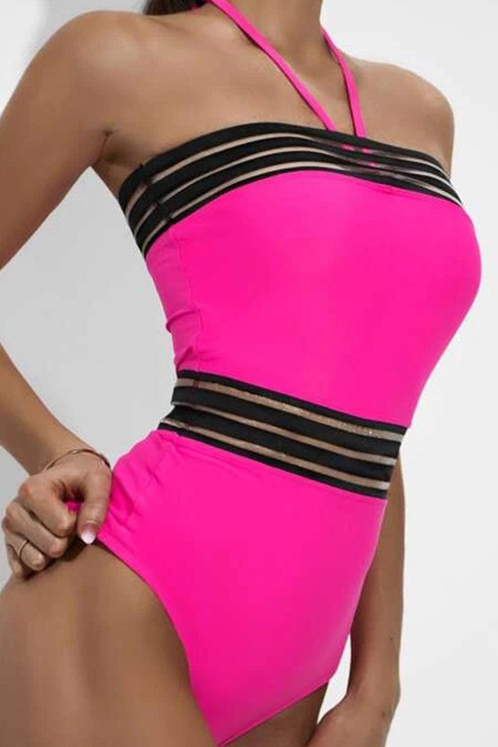 Rose Red Mesh Striped Trim Halter Neck One Piece Swimsuit - L & M Kee, LLC