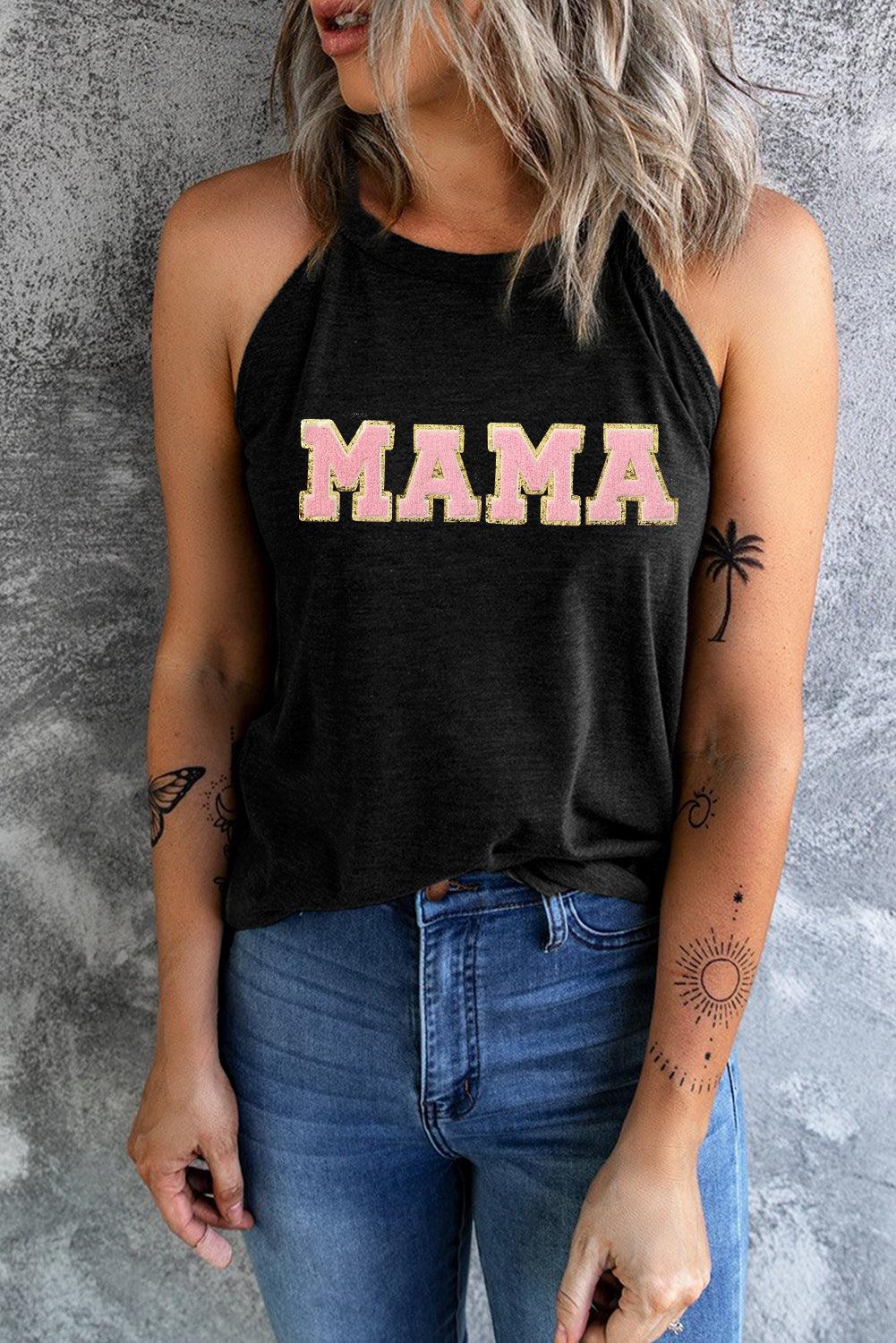 Black MAMA Chenille Patched O Neck Tank Top - L & M Kee, LLC