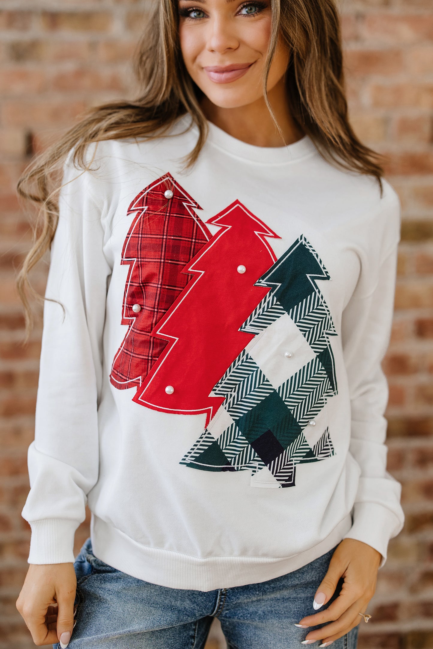 White Pearl Plaid Christmas Tree Patched Drop Shoulder Sweatshirt